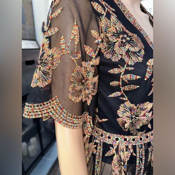🌸 Honey Punch Black Mesh Maxi Dress w/ Copper Floral Embroidery – Size S - Picture 9 of 16